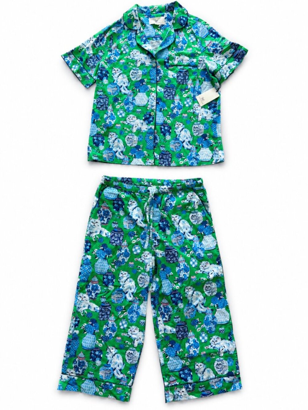 Printfresh Fancy Cats with Ginger Jars Blue and Green Pajama Set